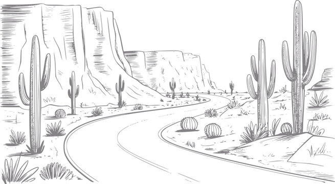 Un dibujo a mano de un camino sinuoso a trav&eacute;s de un paisaje des&eacute;rtico con cactus saguaro y monta&ntilde;as