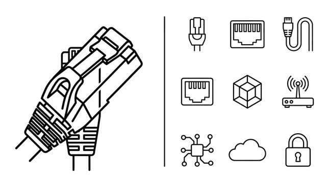Network Technology Icon Set with Ethernet Cable and Connectivity Symbols