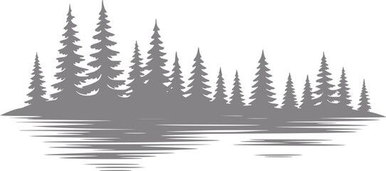 A minimalist gray silhouette of a coniferous pine forest reflected in still water © Stock Soul