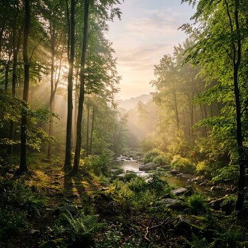 Misty Forest Stream at Sunrise with Sunbeams Breaking Through Trees