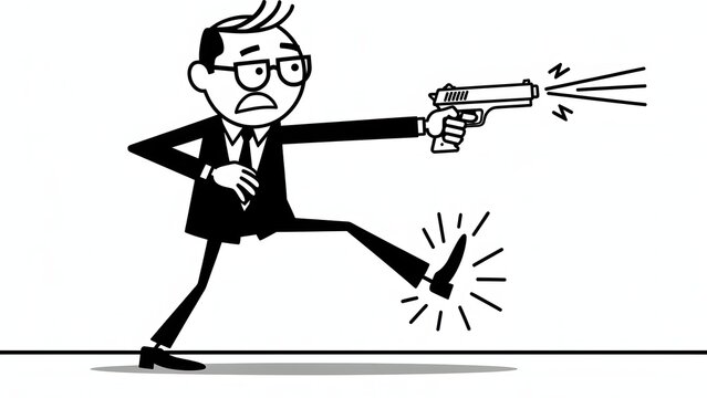 A cartoon man in a suit shoots himself in the foot with a pistol, illustrating a self-inflicted problem or mistake.