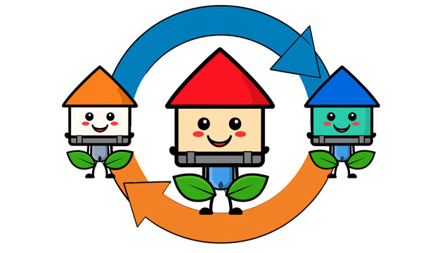 Cute eco friendly house characters in a circular recycling loop