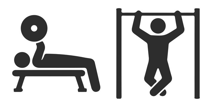 Gym exercise icons set, bench press and pullup bar