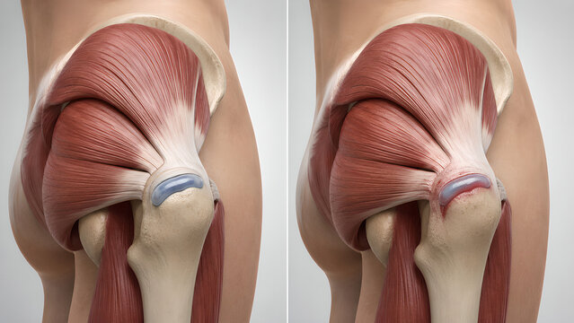 Trochanteric bursitis hip anatomy comparison showing normal lateral hip versus inflamed bursa and gluteal tendon irritation in a detailed medical illustration for healthcare and patient education