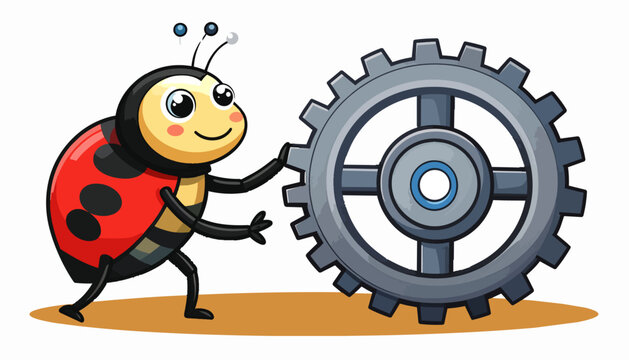 Cute ladybug pushing a large industrial gear wheel