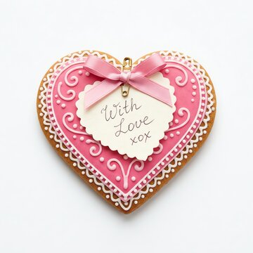 Heart Shaped Cookie with Pink Icing and "With Love" Message for Valentine's Day