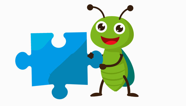 Happy green bug holding a blue jigsaw puzzle piece