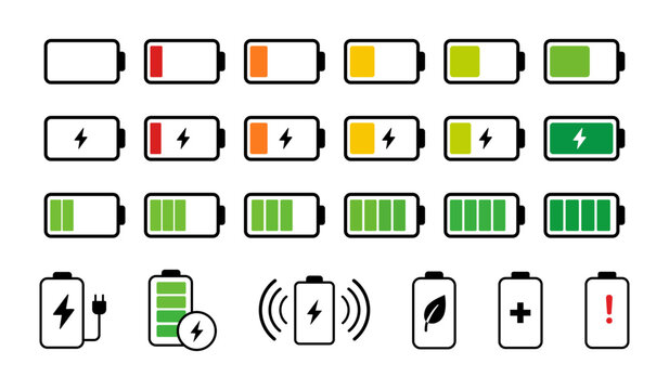 Battery Status Icons Set with Charging Levels  Full  Low and Empty Battery Indicators
