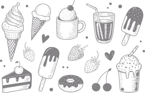Colecci&oacute;n dibujada a mano de postres dulces, helados, bebidas y frutas con estilo sobre fondo blanco