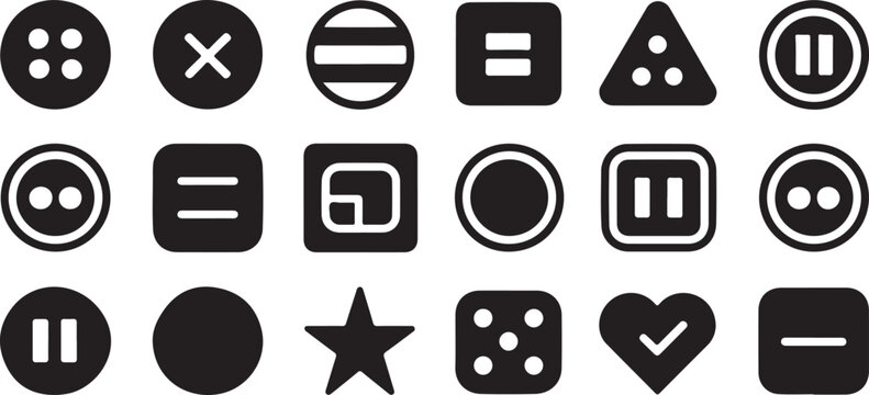 Set of various black ui icon silhouettes including buttons, controls, and symbols for applications and websites.