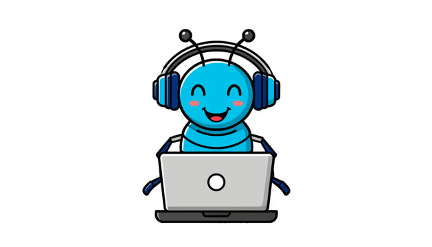 Cute blue ant character wearing headphones using a laptop