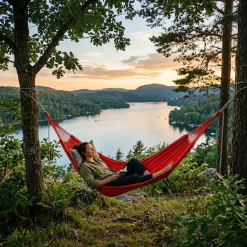 Woman Relaxing in Hammock with Lake View at Sunset