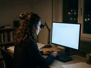 Fototapeta premium Woman works at a desk with a blank computer screen in a dimly lit home office during the evening.