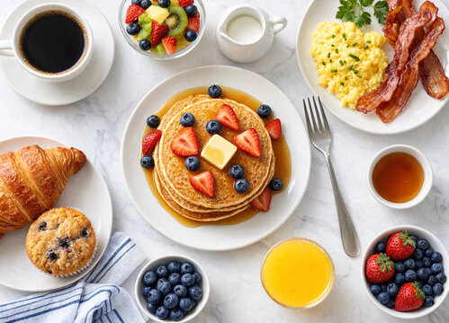 Delicious breakfast spread with pancakes, bacon, eggs, fruit, and coffee on a marble surface.
