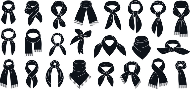 Black silhouette scarf tying styles &mdash; 24 elegant fashion illustrations showcasing diverse knots, loops, and drapes for stylish outfit inspiration and design use.