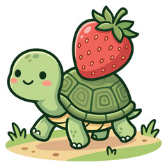 Obraz premium Adorable Kawaii Cartoon Turtle Carrying a Giant Red Strawberry on its Shell Walking on a Grassy Path Illustration