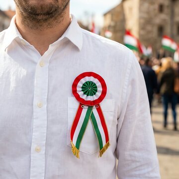 Man wearing Hungarian national rosette and flag in celebration