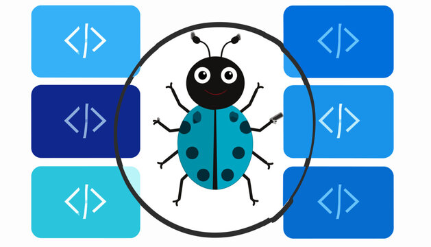 Blue beetle symbol for software bug surrounded by coding icons
