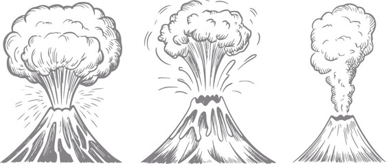 Conjunto de volcanes dibujados a mano que muestran diferentes etapas de erupción y nubes de humo © Stock Soul