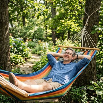 Man Relaxing in Colorful Hammock in Lush Summer Garden