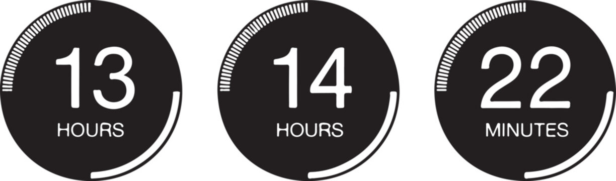 Three circular countdown timers, elapsed time, remaining duration, hours and minutes display, time tracking, clock interface, deadline reminder, completion metric.