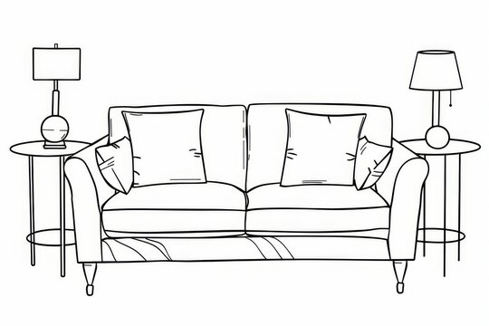 An elegant sofa with two large cushions, minimal vector line drawing