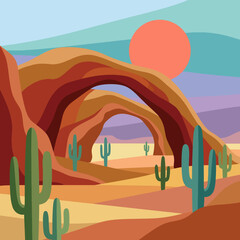 Naklejka premium This striking image depicts a stunning desert landscape featuring natural rock arches against a vibrant sunset, symbolizing resilience and the beauty of nature's artistry.