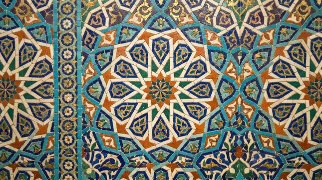 Traditional zellij tile work with star pattern and floral ceramic designs.