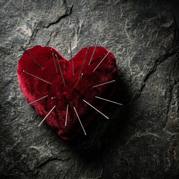 Red Velvet Heart Pincushion Pierced by Many Needles on Dark Stone Surface