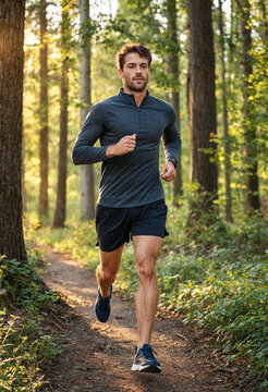Athletic man running on a forest trail with focus and determination during a sunny morning run