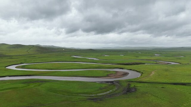Aerial drone view of Hulunbuir grassland landscape in Inner Mongolia