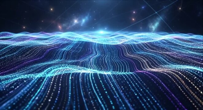 Abstract digital wave landscape with glowing blue and purple light, particle lines and futuristic data flow in dark space under starry sky
