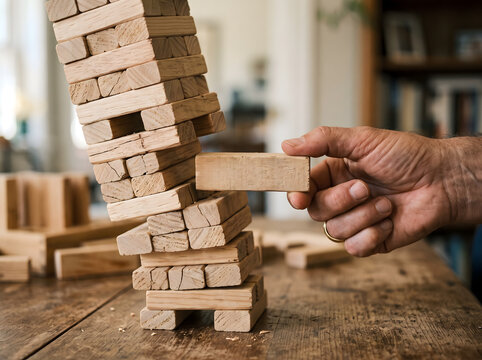 Hand pulls a single piece from a tall stack of wooden blocks while sitting at a rustic table during a friendly indoor challenge.