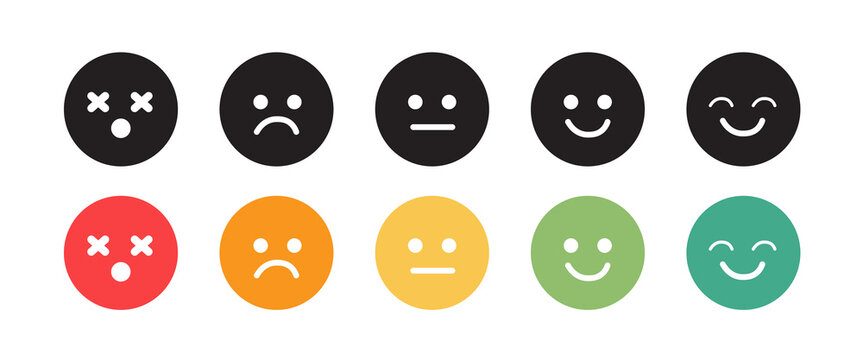 Mood Scale Icon Set, Five-Emoji Emotion Rating from Angry to Happy, Colorful icon set. A flat design emoji rating scale featuring five circular faces in a gradient of colors