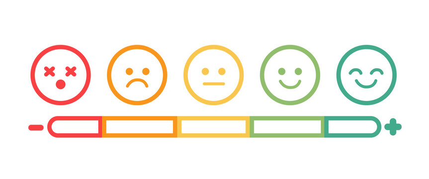 Mood Scale Icon Set, Five-Emoji Emotion Rating from Angry to Happy, Colorful icon set. A flat design emoji rating scale featuring five circular faces in a gradient of colors