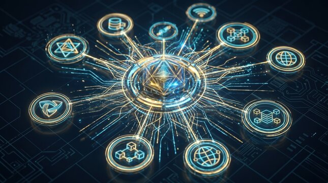 Abstract blockchain technology network with glowing nodes and connections, representing cryptocurrency, decentralized finance, digital security, data encryption, and future inte...