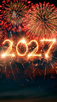 Glowing 2027 sparkler numbers on a black background, festive New Year celebration concept with bright fireworks and copy space