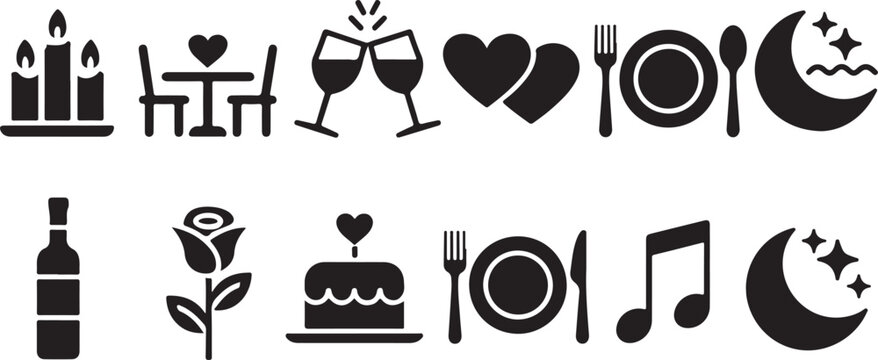 Collection of romantic dinner and anniversary themed icons featuring candles hearts wine glasses musical notes and moon for celebrations.