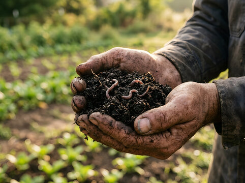 Hands of a gardener cradle dark nutrient rich earth filled with earthworms to showcase organic farming practices in a lush outdoor plot.