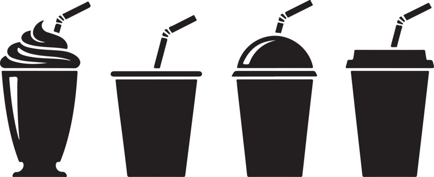 Set of refreshing beverage containers with straws including smoothie milkshake bubble tea and takeaway iced coffee cups.