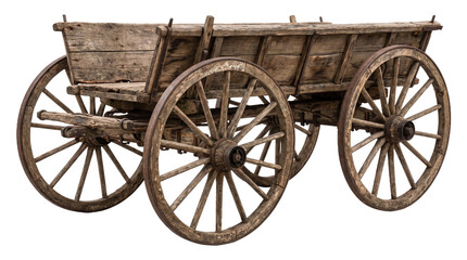 Obraz premium Old rustic wooden cart with large wooden spoked wheels, hinting at historical farm life.