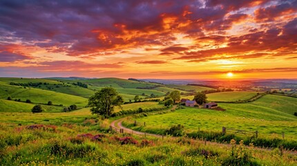 Obraz premium Sunset Over Rolling Hills With Cottage and Grazing Sheep