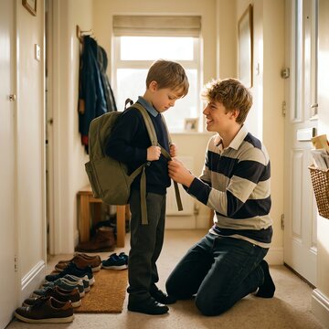 Older brother helps younger boy put on backpack for school, hallway scene