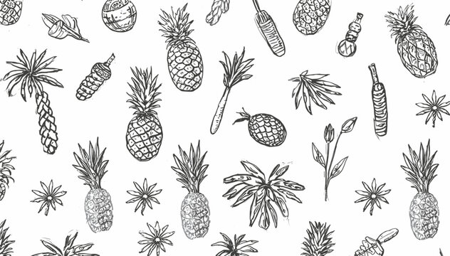 Seamless pattern with hand-drawn tropical fruits and plants, featuring pineapples, palm trees, and various leaves in a black and white sketch style.