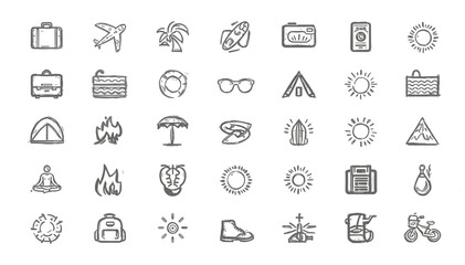 Collection of hand-drawn travel and outdoor activity icons in a sketch style, perfect for leisure and vacation themes and graphic resources. © Teko