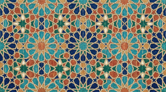 Vintage geometric tile pattern with star motifs and rich cultural colors.