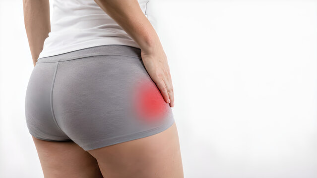 Trochanteric bursitis lateral hip pain medical education image of an adult holding the outer hip with red inflammation highlight, clean clinical background and copy space for healthcare communication