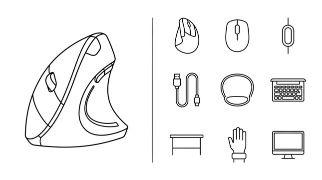 Ergonomic Vertical Mouse and Computer Accessories Line Icon Set