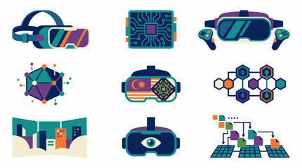 Naklejka premium Virtual reality icon set with headsets, controllers, and data flow. Modern digital technology vectors for metaverse and gaming concepts.