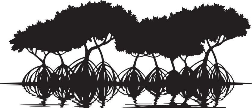 Mangrove trees silhouette with complex root systems growing in calm water surface reflection isolated on transparent background.